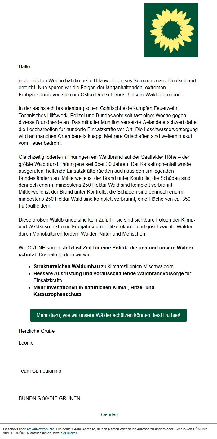 Screenshot of the email generated on import