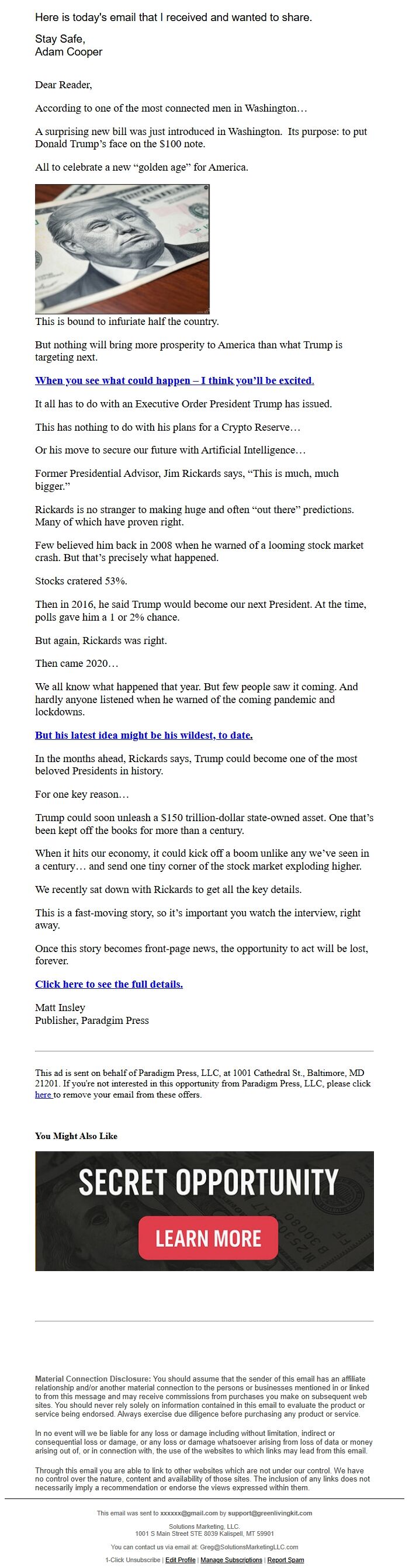 Screenshot of the email generated on import