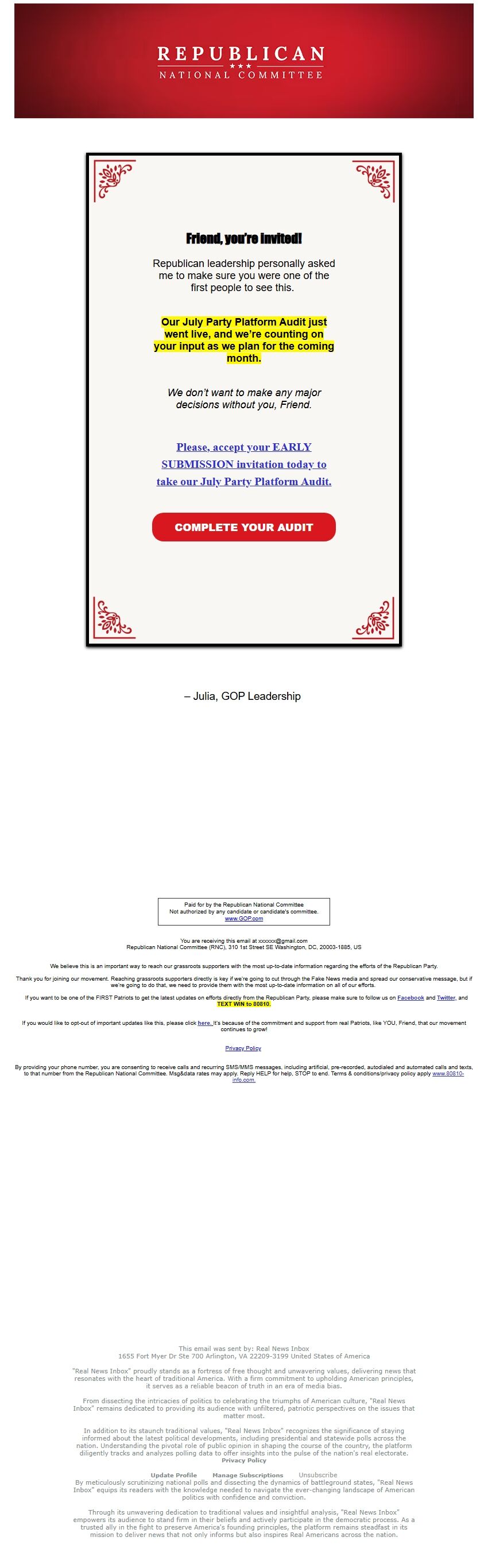 Screenshot of the email generated on import