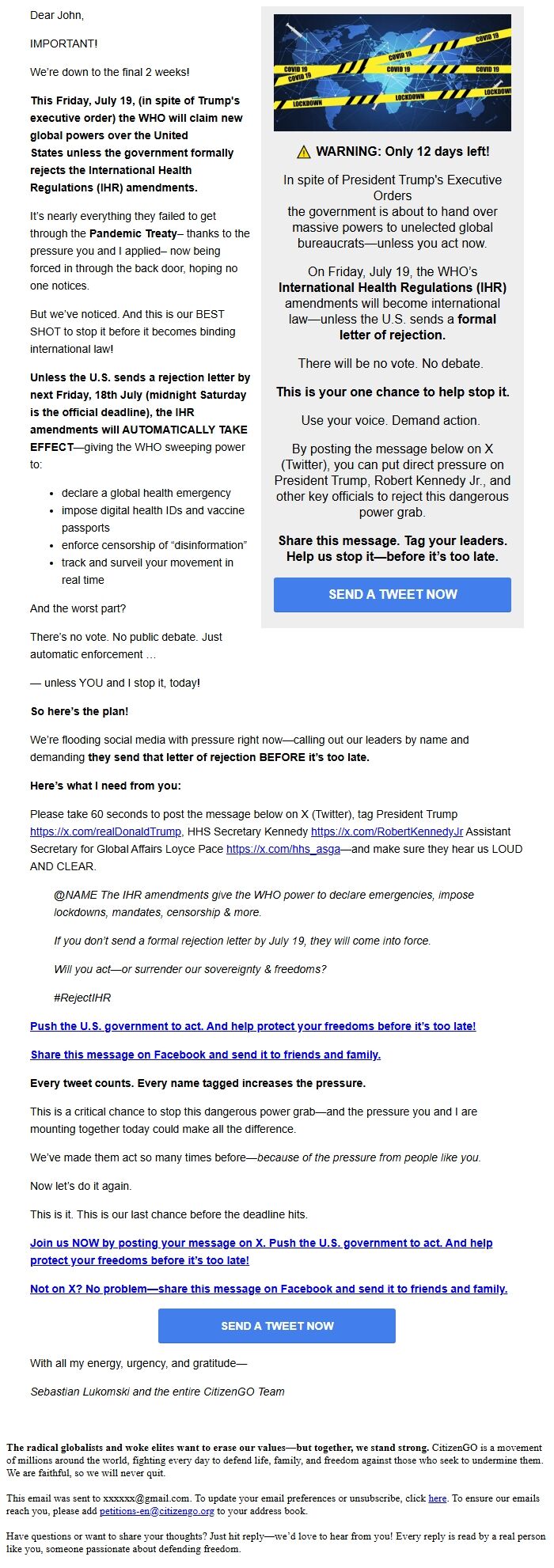 Screenshot of the email generated on import