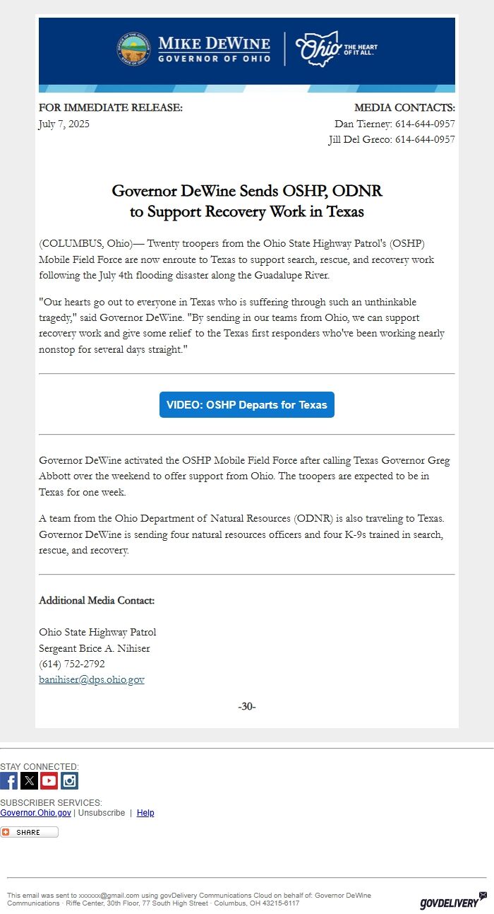 Screenshot of the email generated on import