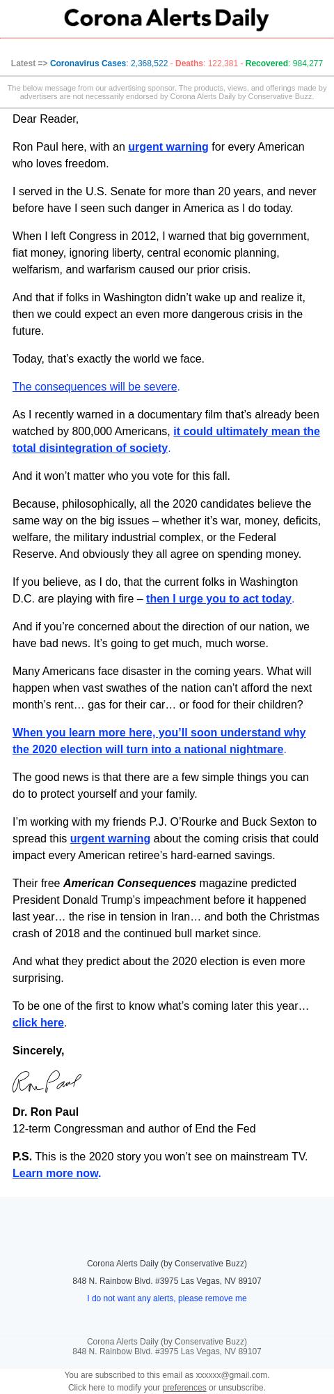 Screenshot of the email generated on import