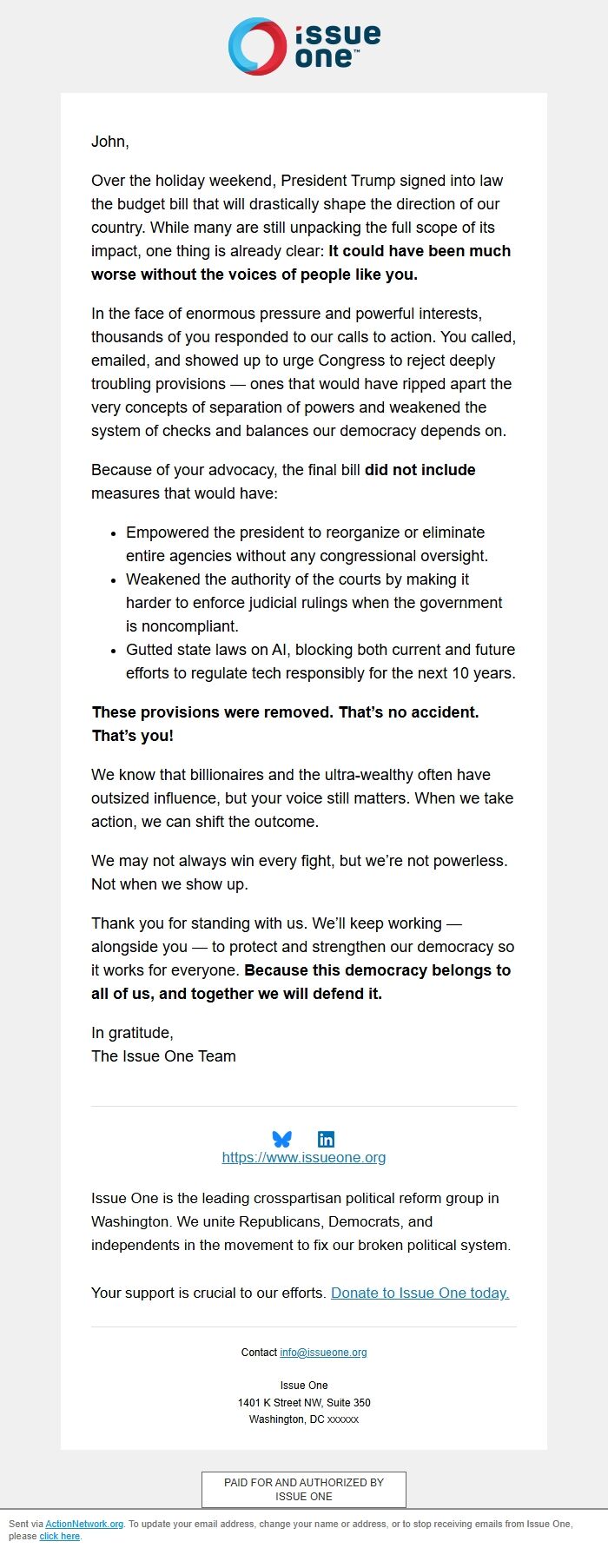 Screenshot of the email generated on import