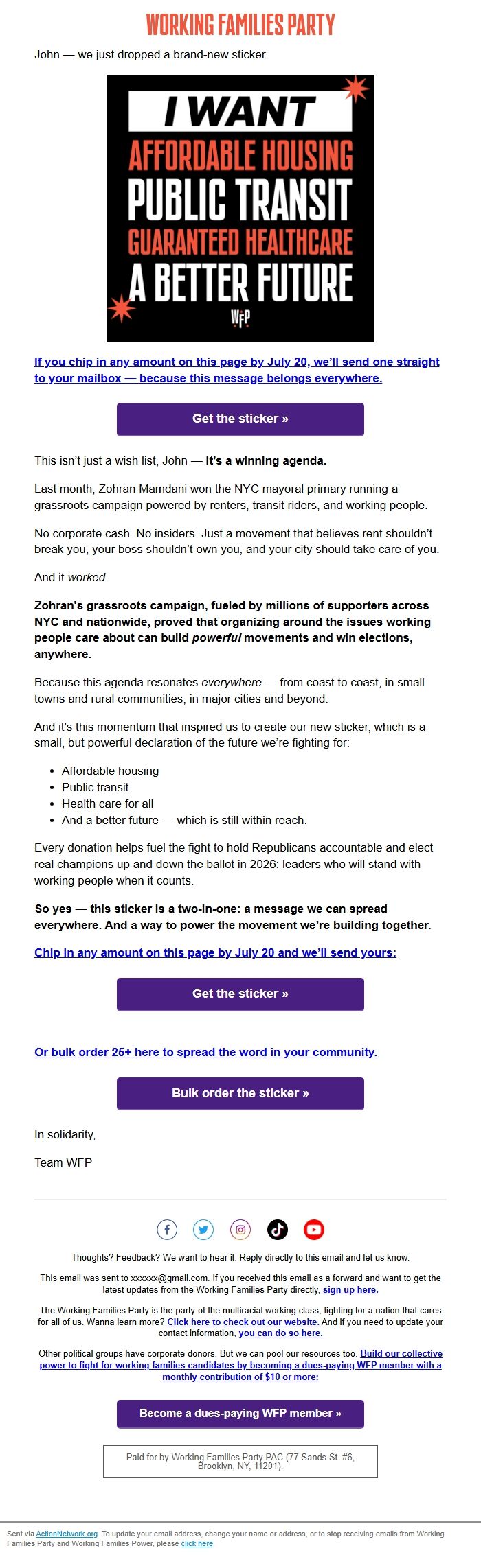 Screenshot of the email generated on import