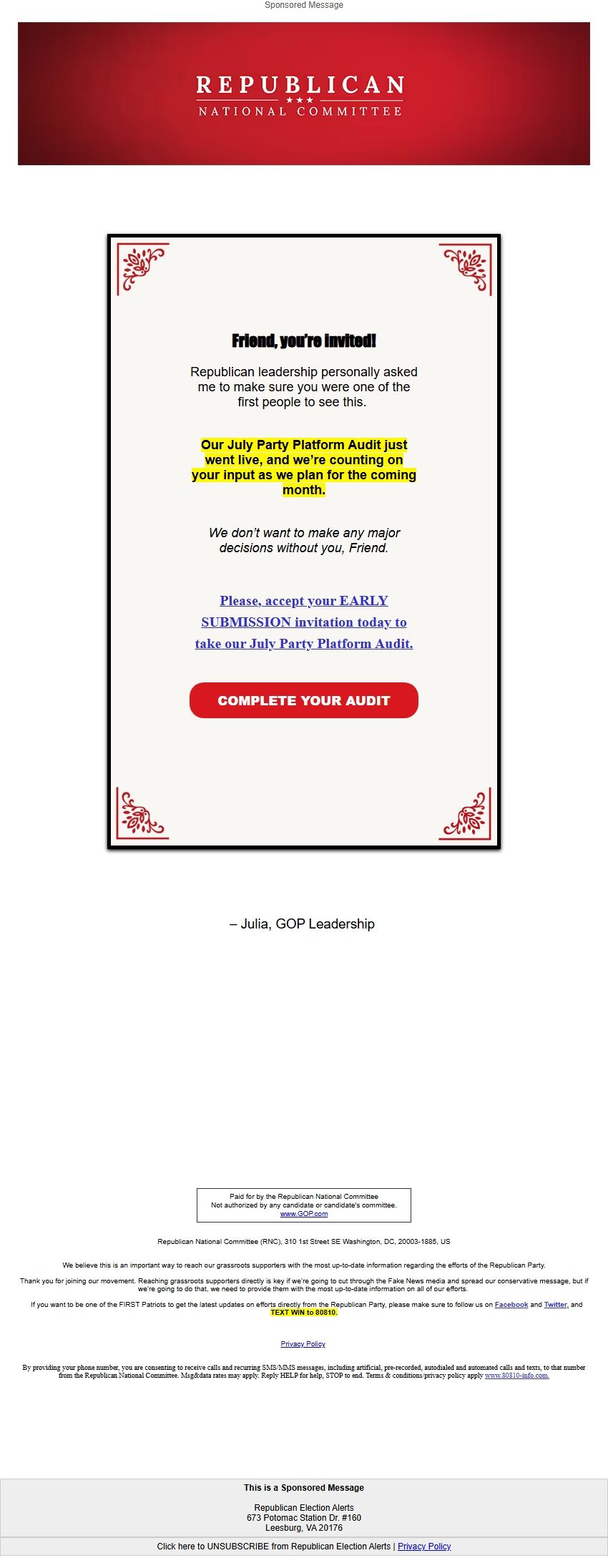 Screenshot of the email generated on import