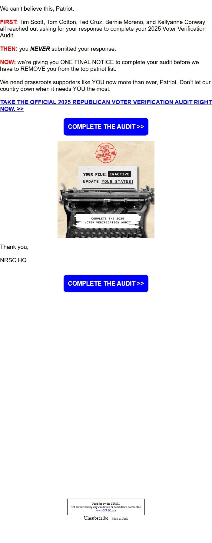 Screenshot of the email generated on import