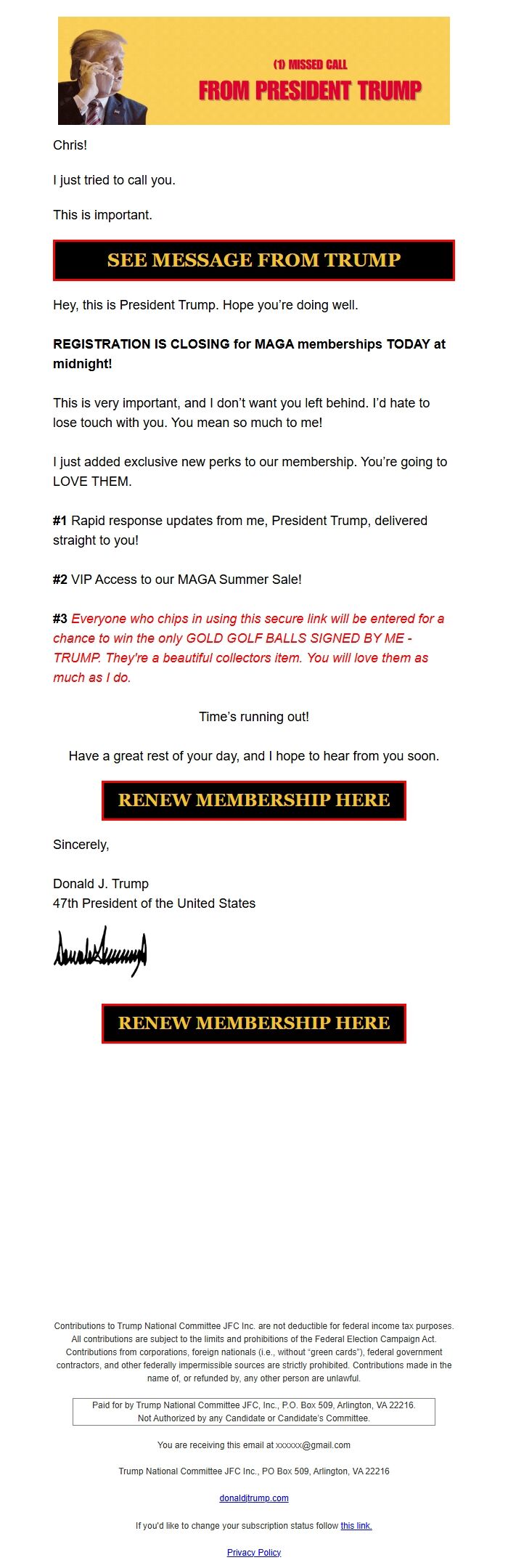 Screenshot of the email generated on import