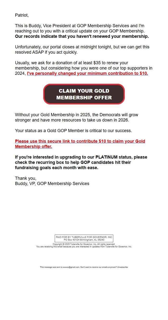 Screenshot of the email generated on import