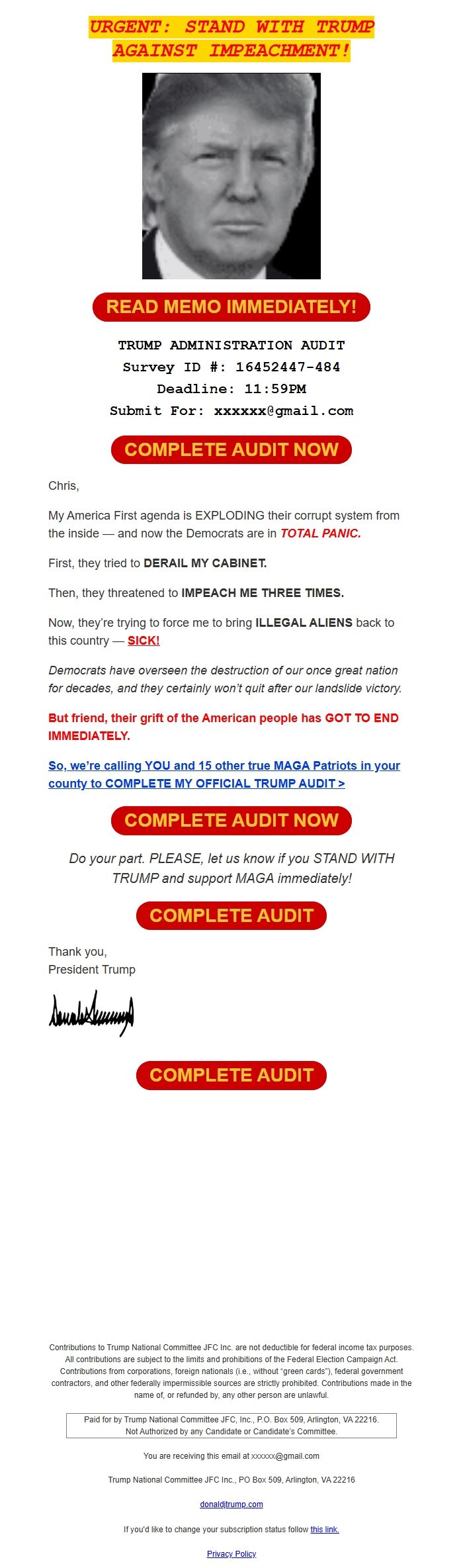 Screenshot of the email generated on import