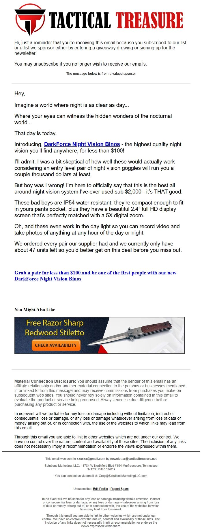 Screenshot of the email generated on import