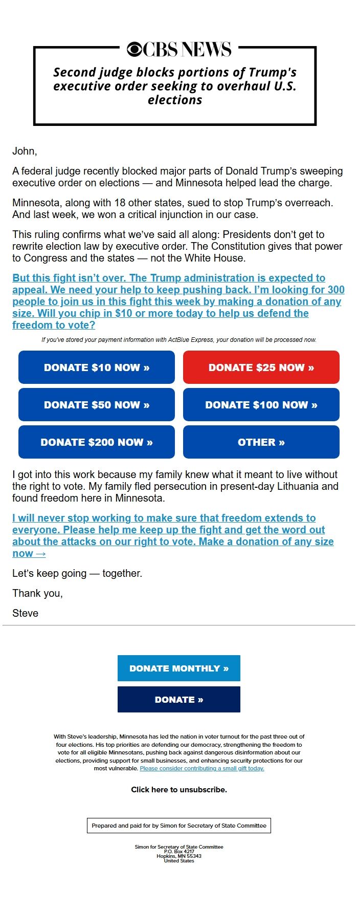 Screenshot of the email generated on import