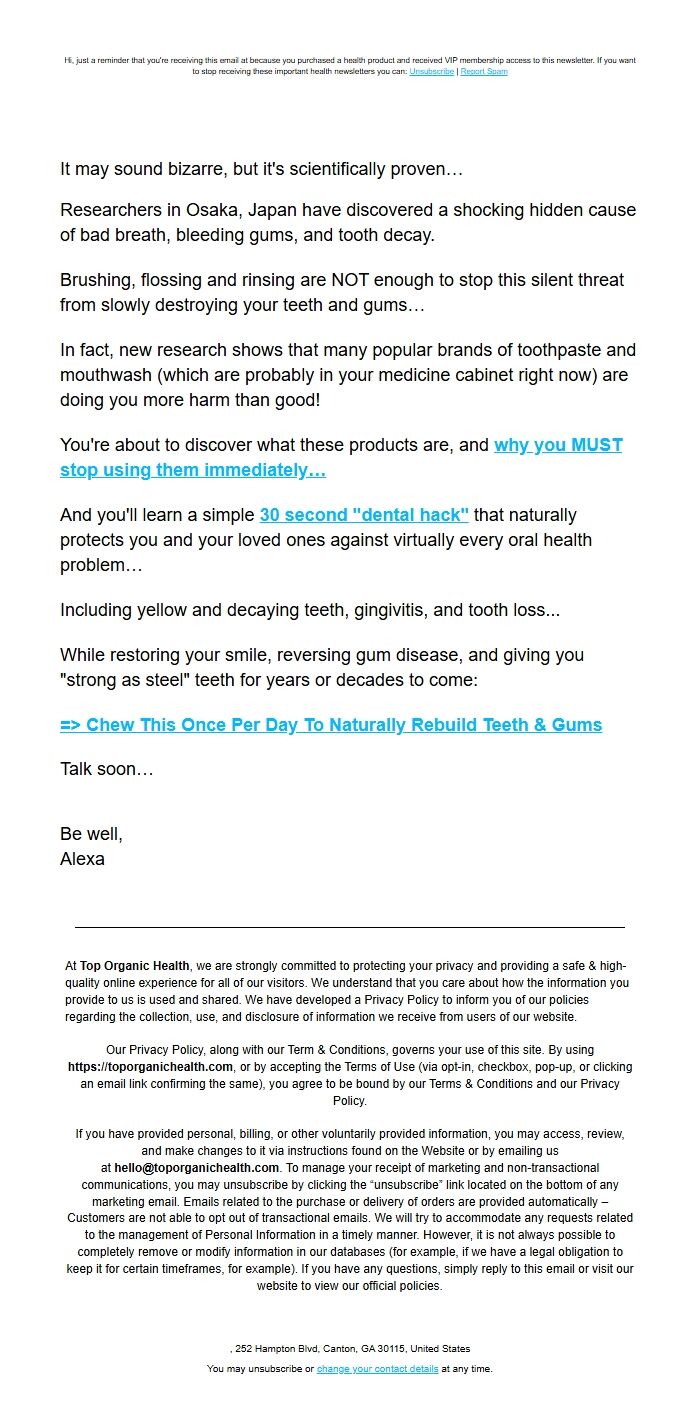 Screenshot of the email generated on import
