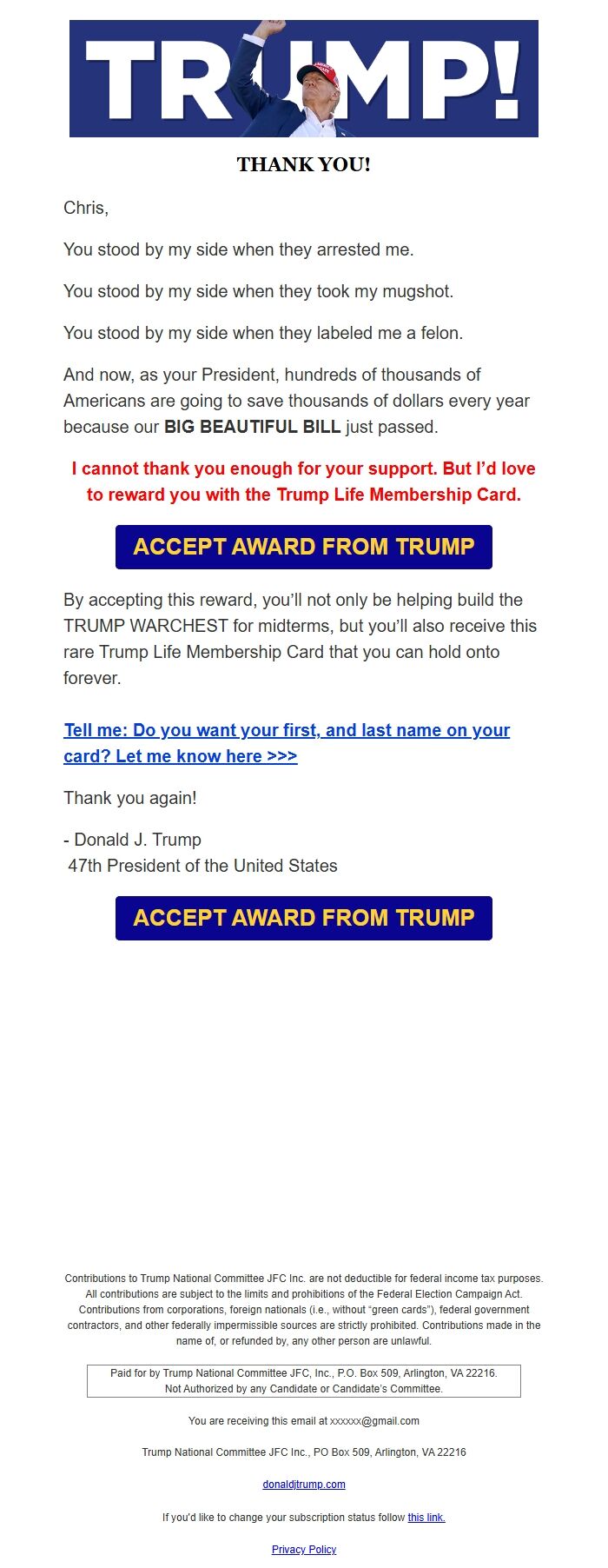 Screenshot of the email generated on import