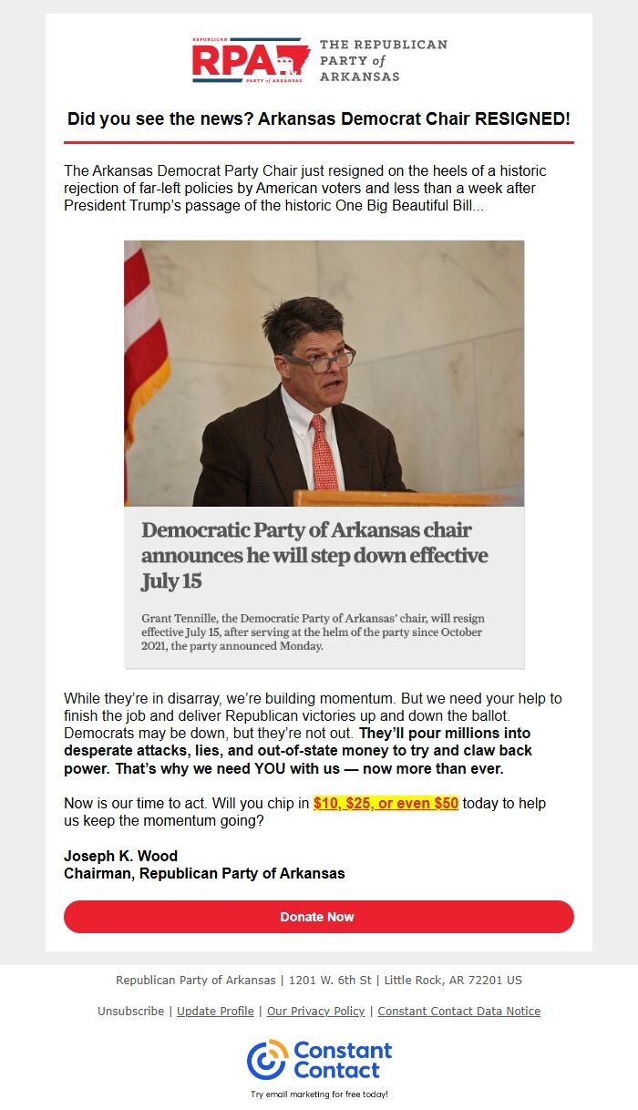 Screenshot of the email generated on import