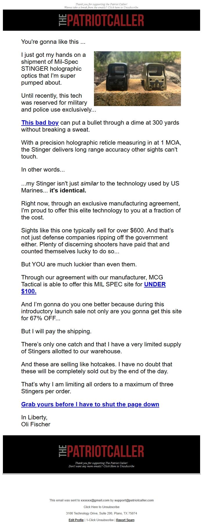 Screenshot of the email generated on import