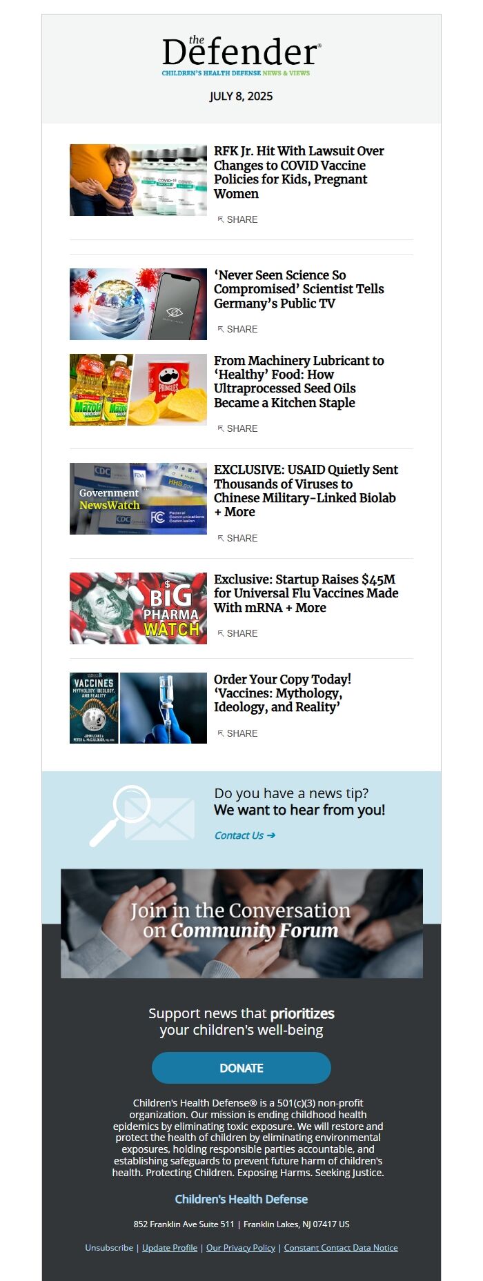 Screenshot of the email generated on import