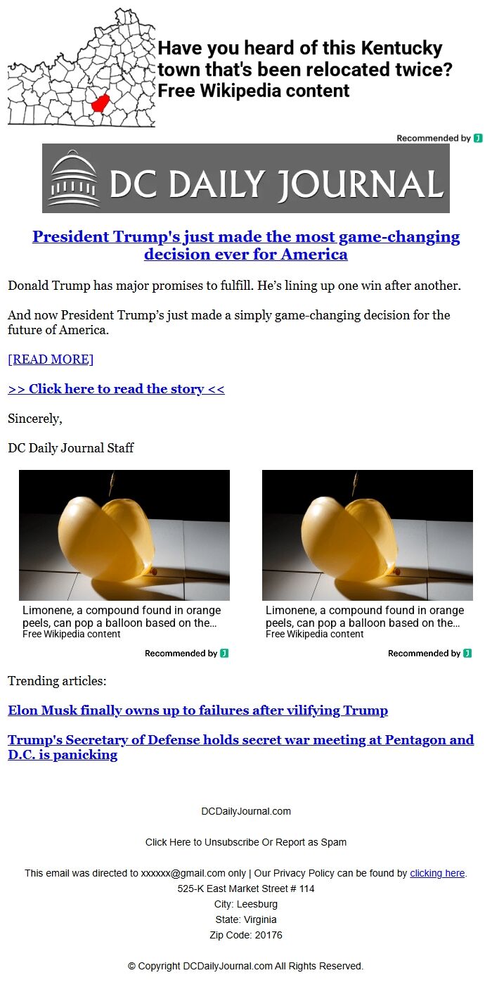 Screenshot of the email generated on import