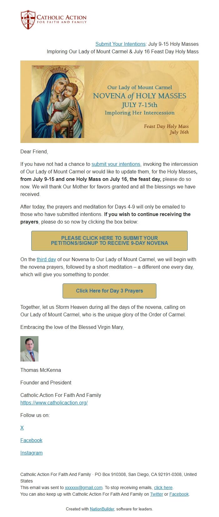 Screenshot of the email generated on import