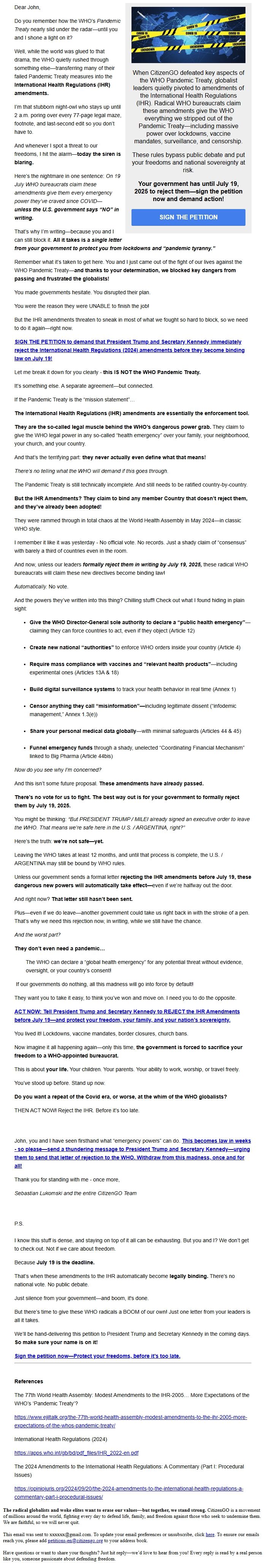 Screenshot of the email generated on import
