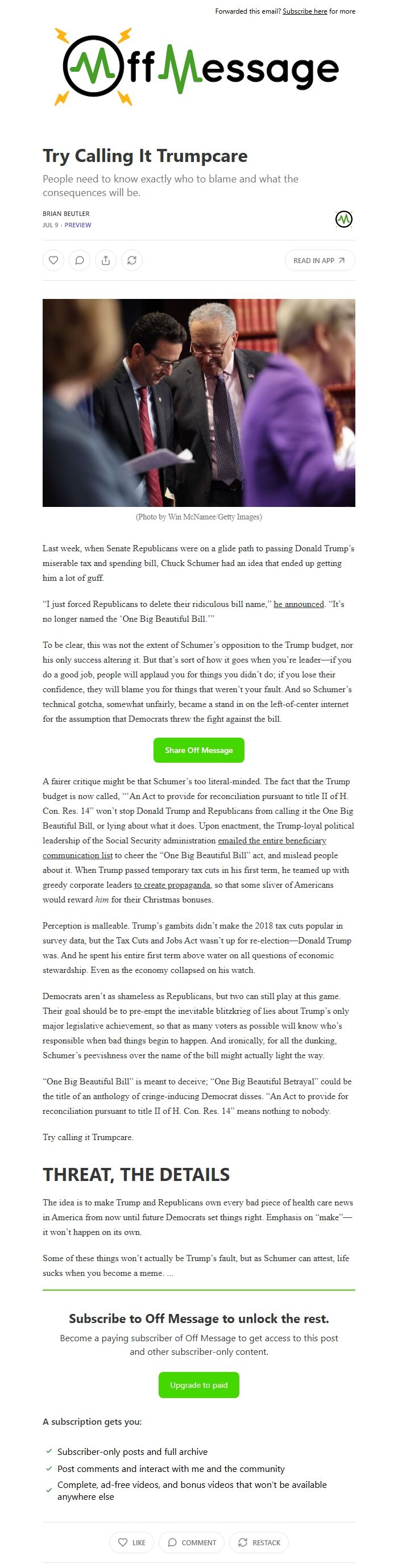 Screenshot of the email generated on import