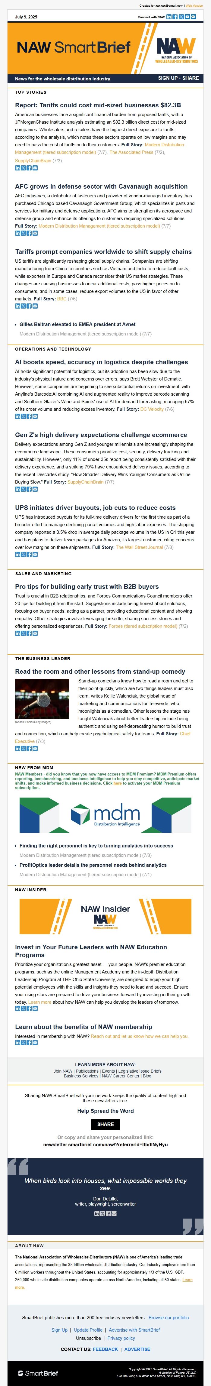 Screenshot of the email generated on import