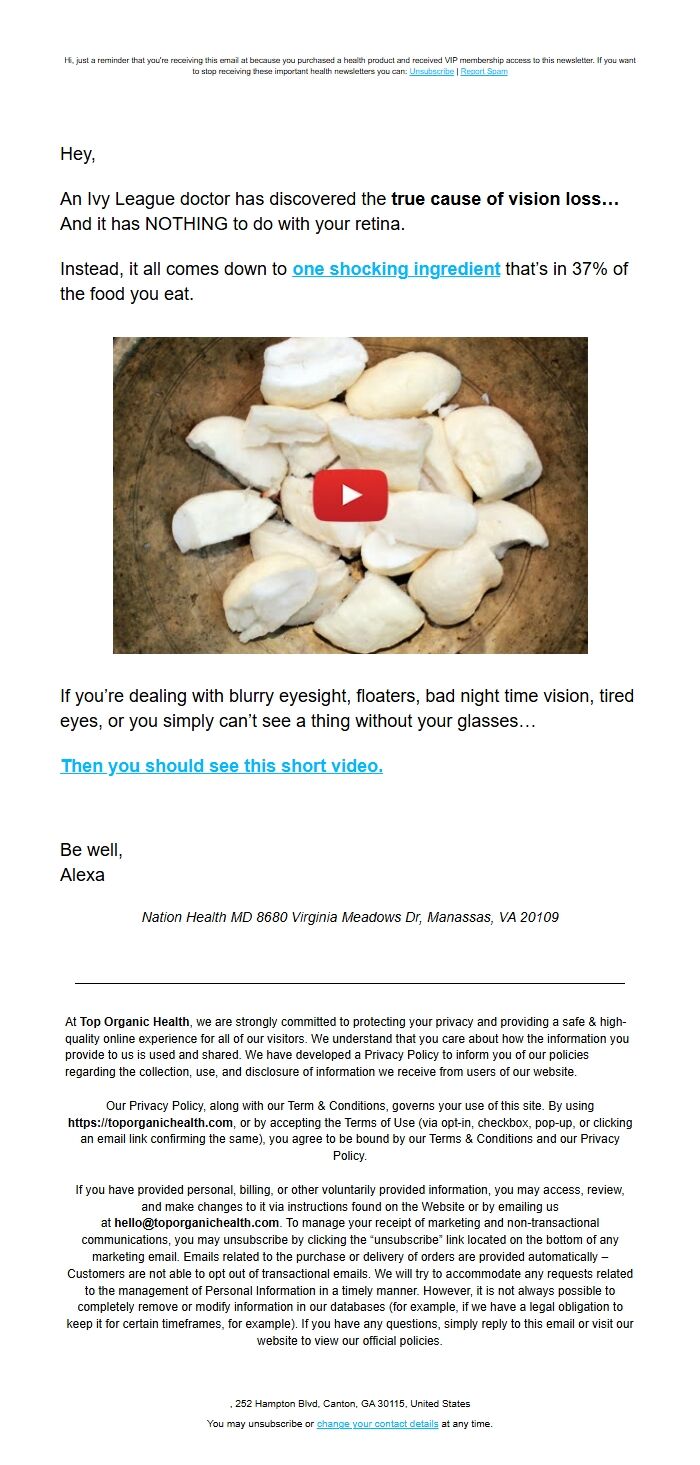 Screenshot of the email generated on import