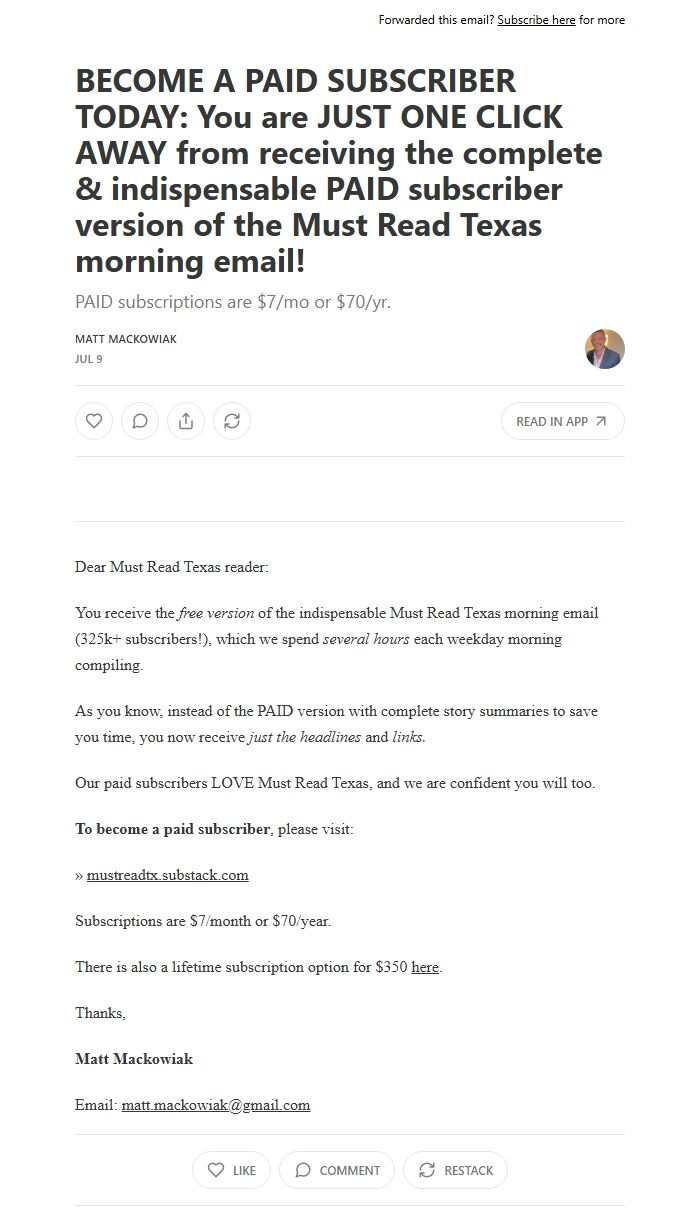 Screenshot of the email generated on import