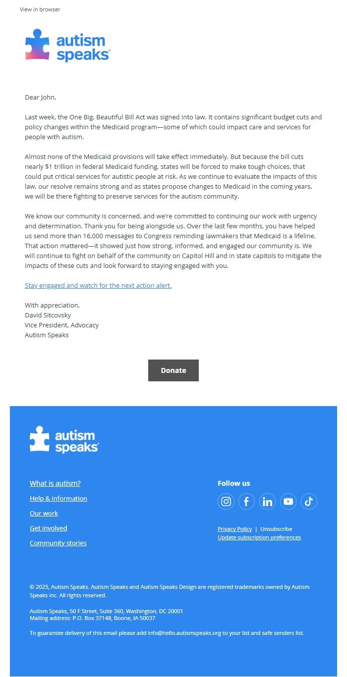 Screenshot of the email generated on import