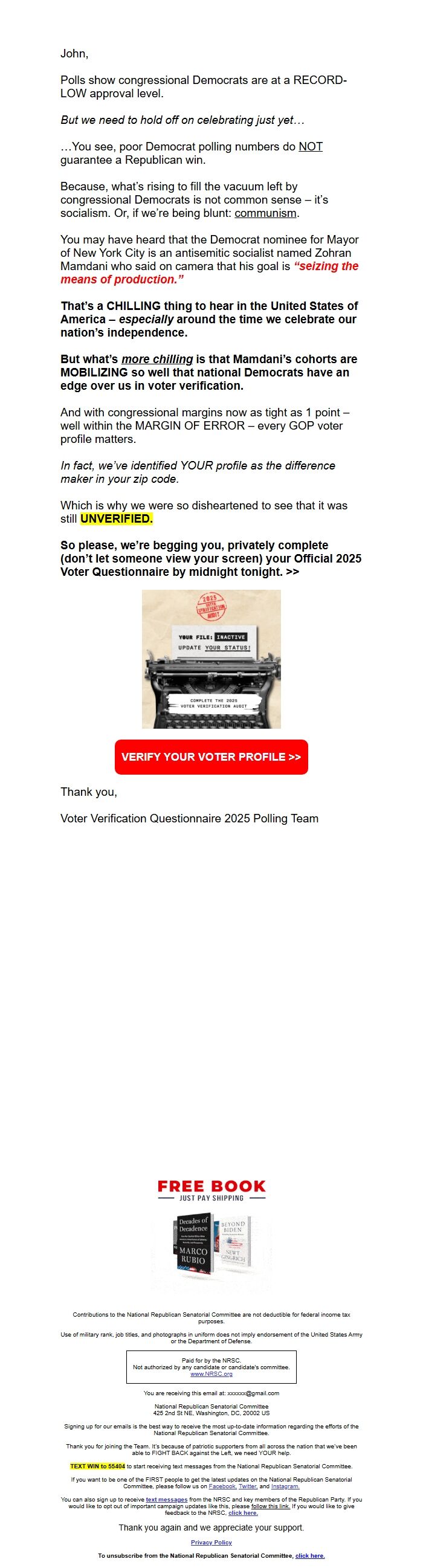 Screenshot of the email generated on import