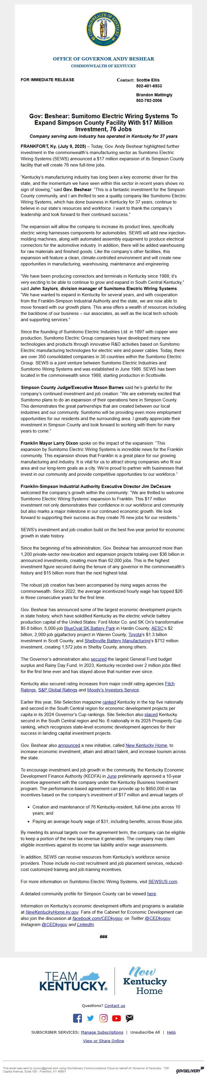 Screenshot of the email generated on import