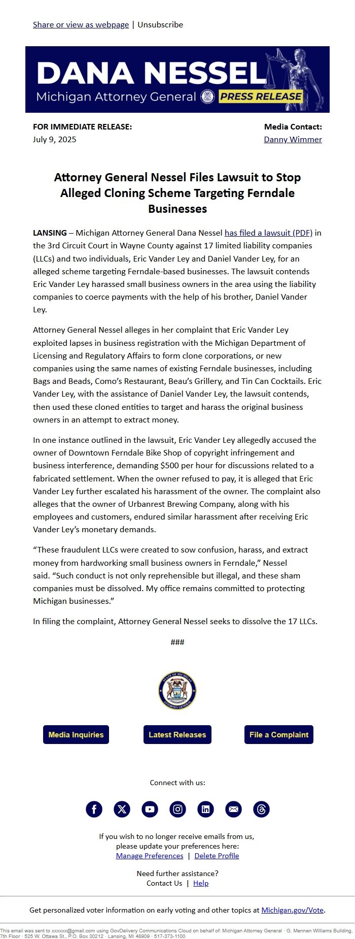 Screenshot of the email generated on import