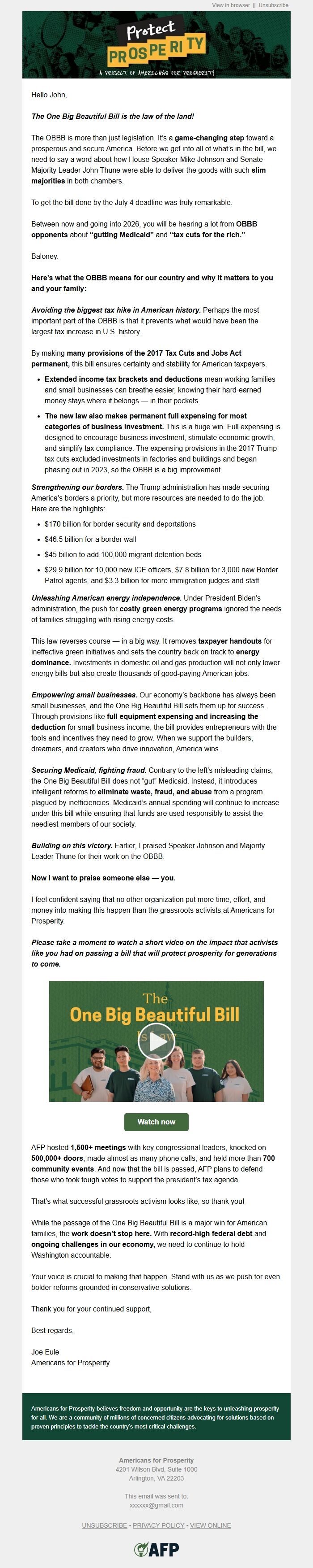 Screenshot of the email generated on import