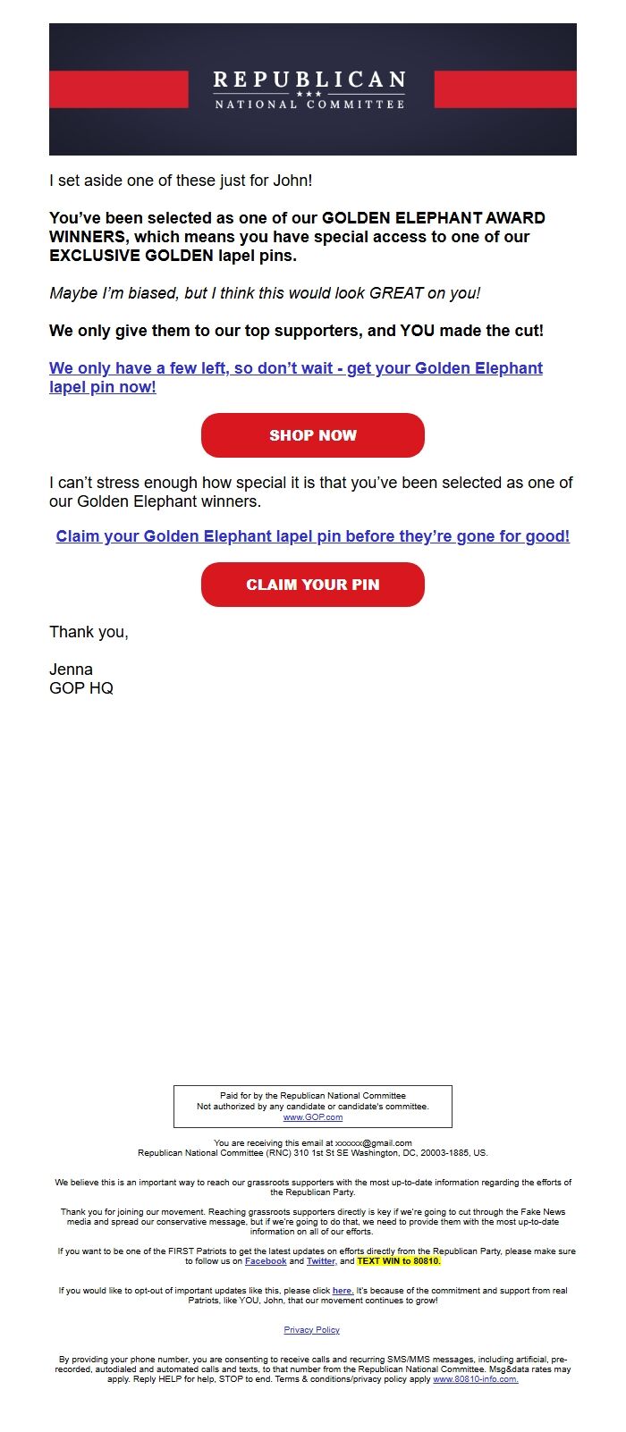 Screenshot of the email generated on import