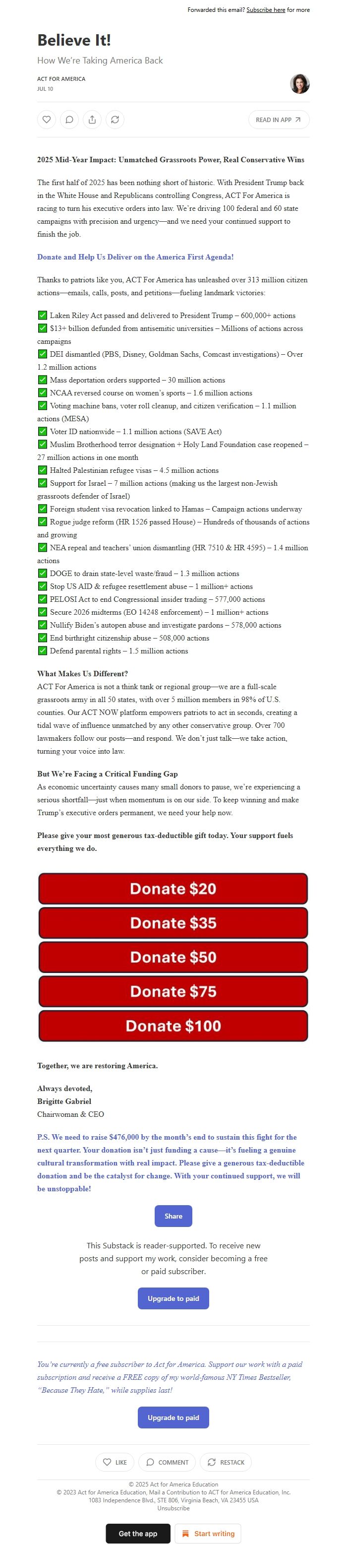 Screenshot of the email generated on import