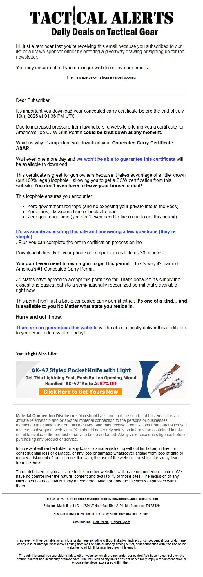 Screenshot of the email generated on import