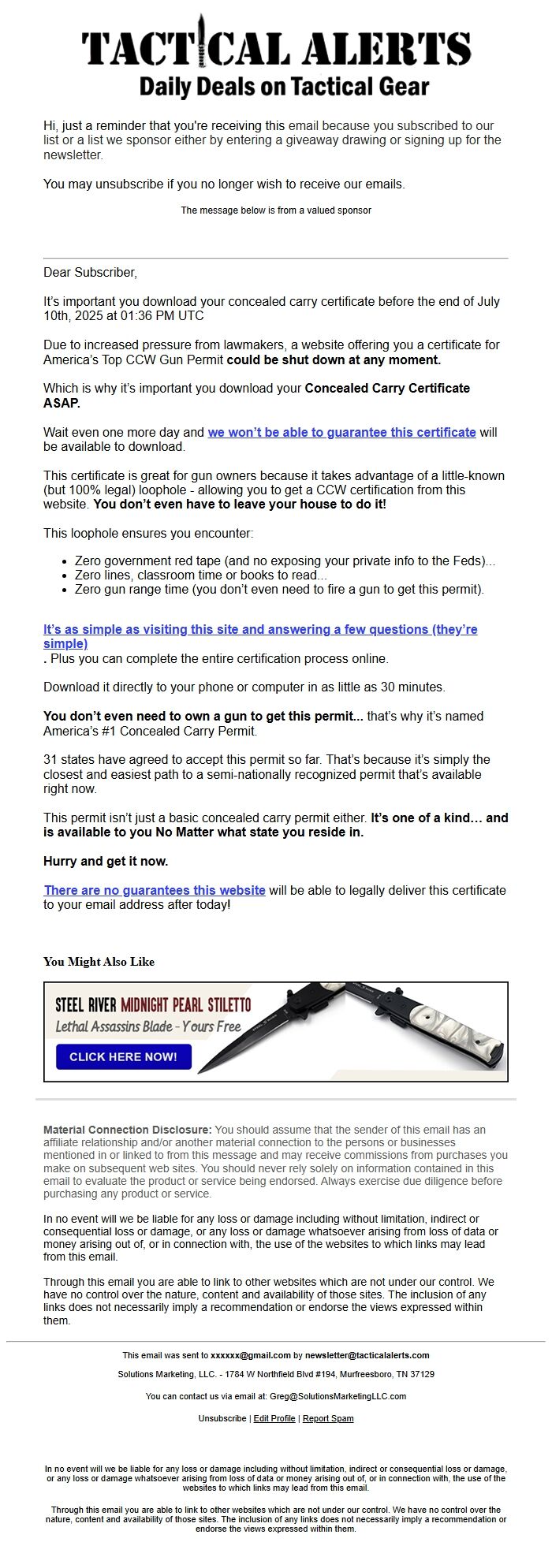 Screenshot of the email generated on import