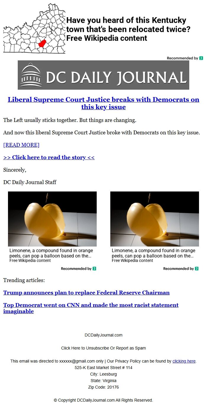 Screenshot of the email generated on import