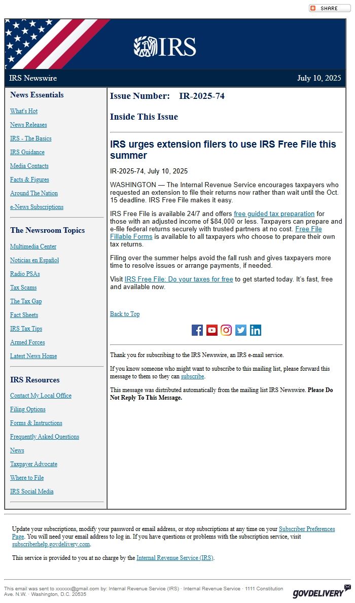 Screenshot of the email generated on import