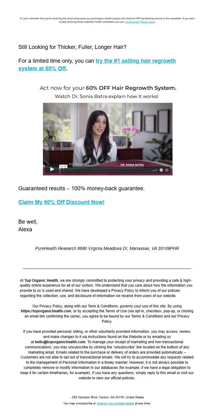 Screenshot of the email generated on import