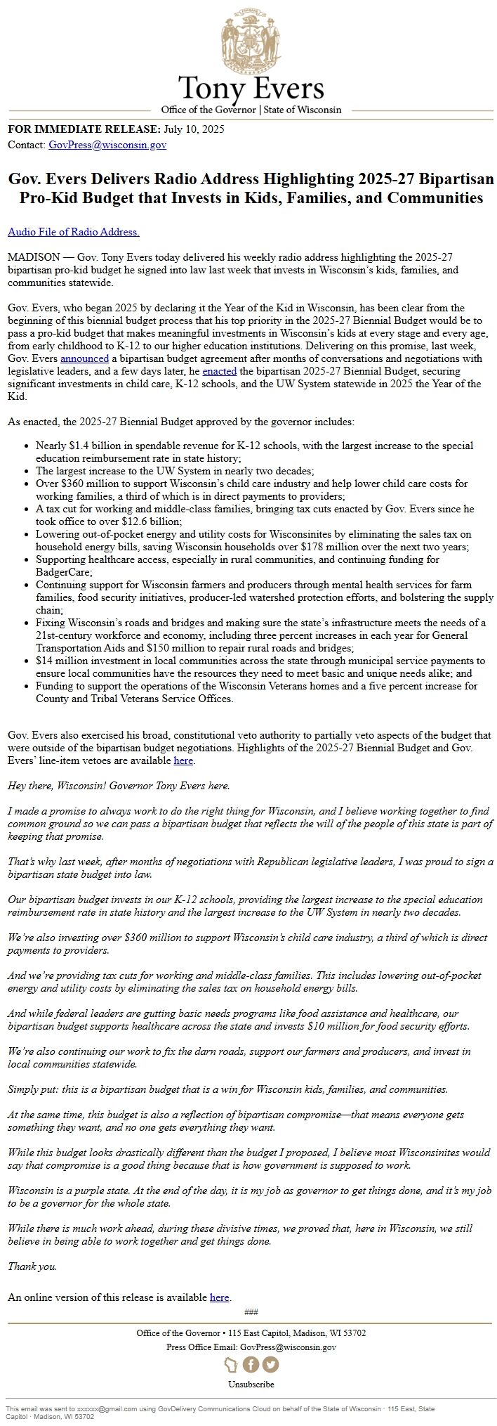 Screenshot of the email generated on import