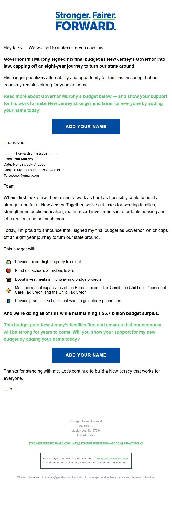 Screenshot of the email generated on import