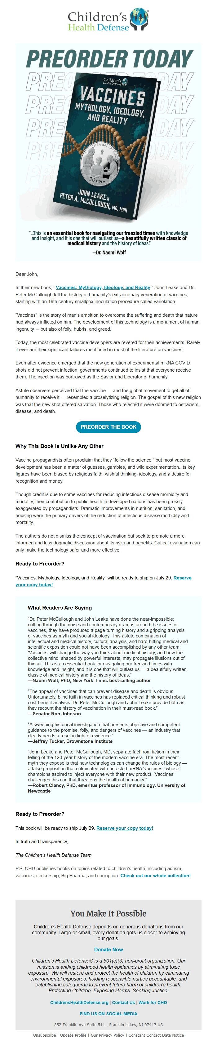 Screenshot of the email generated on import
