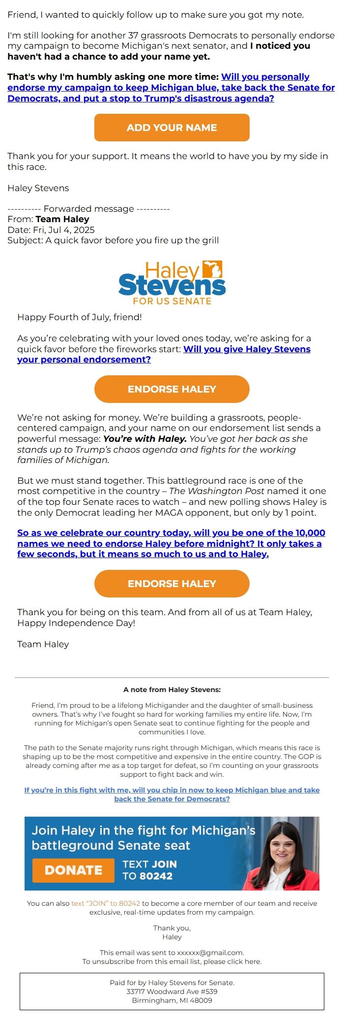 Screenshot of the email generated on import