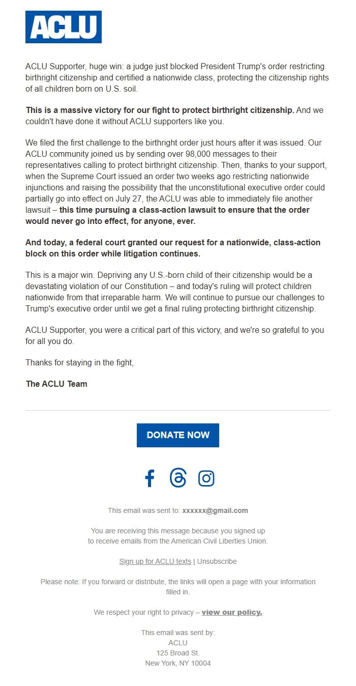 Screenshot of the email generated on import