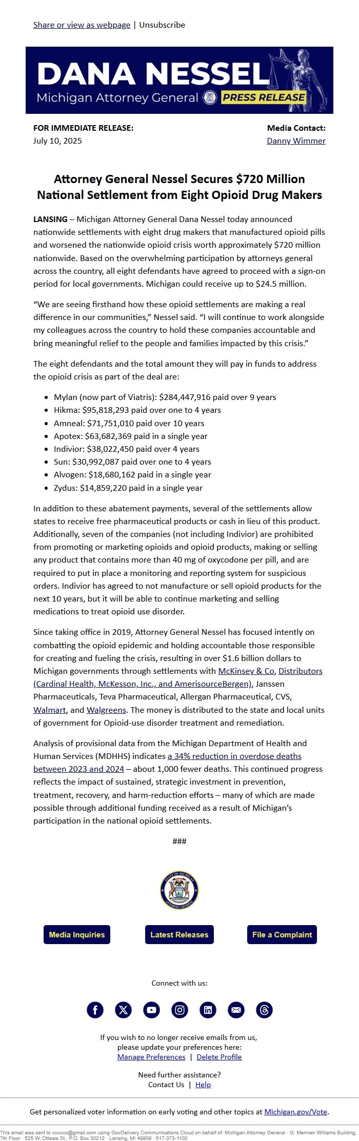 Screenshot of the email generated on import