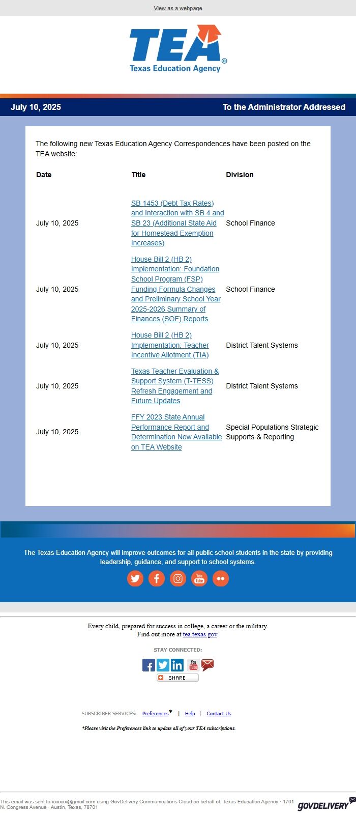 Screenshot of the email generated on import