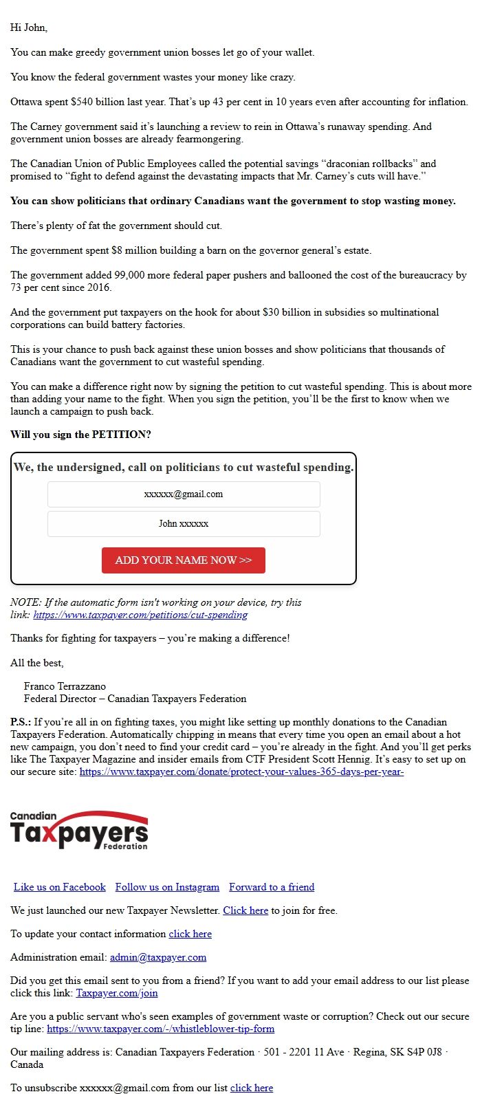 Screenshot of the email generated on import