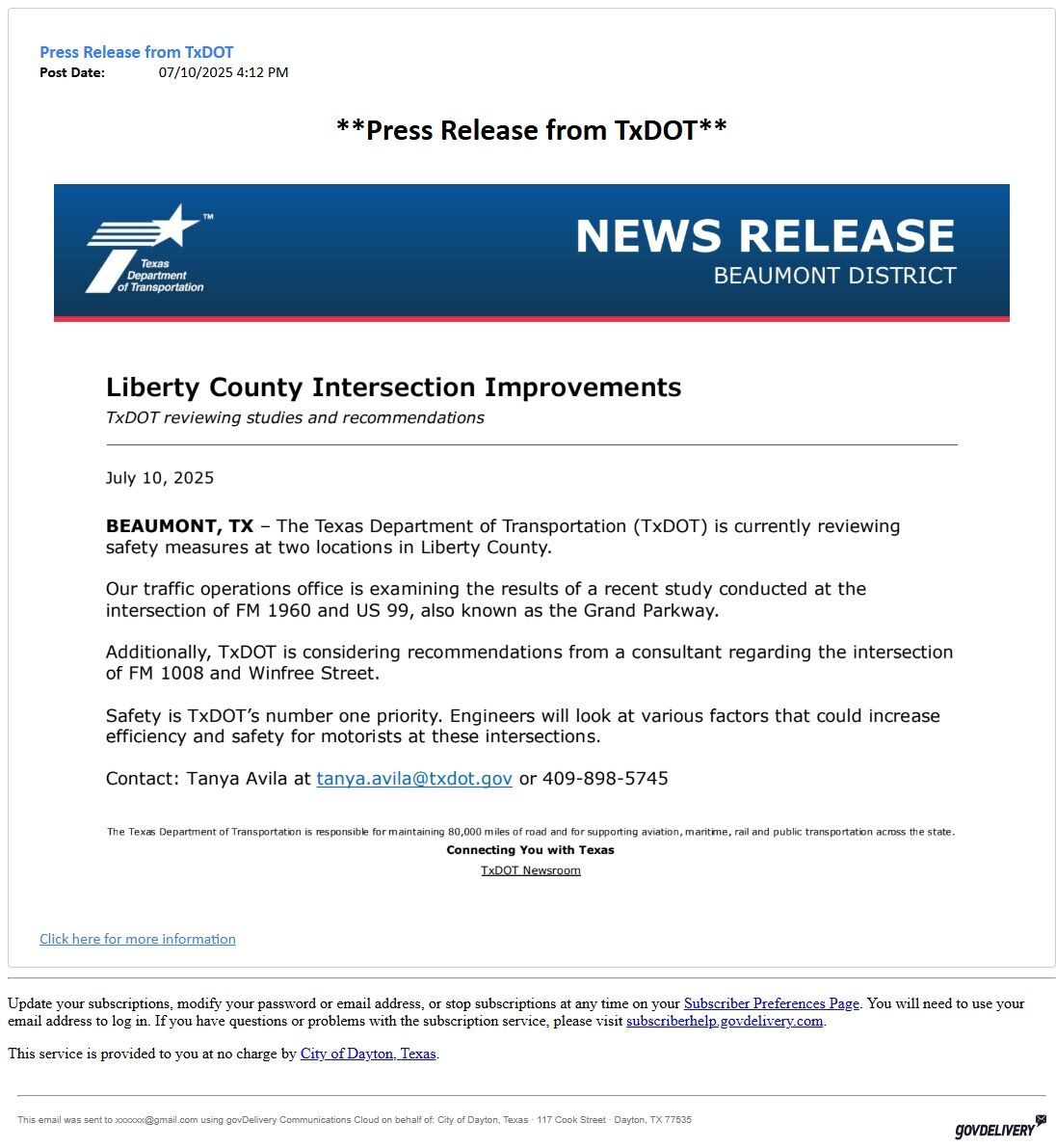 Screenshot of the email generated on import