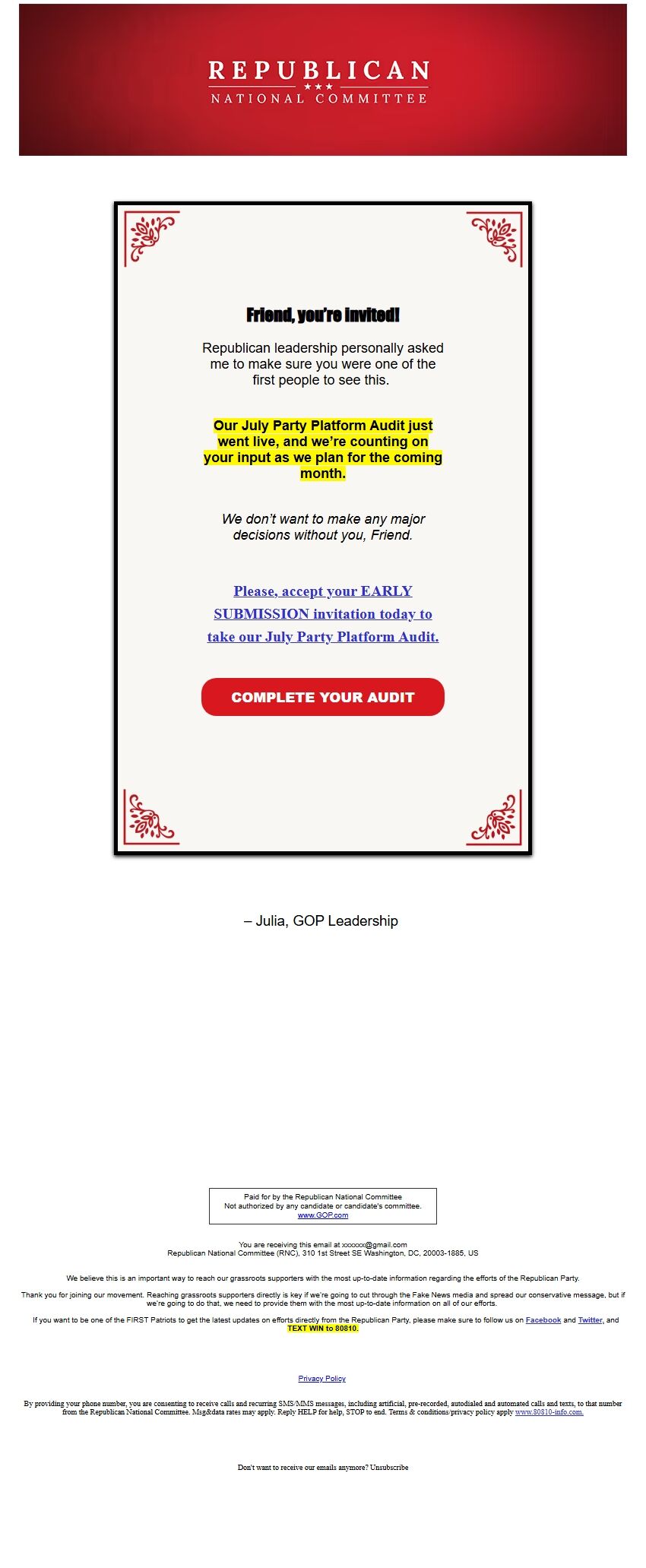 Screenshot of the email generated on import
