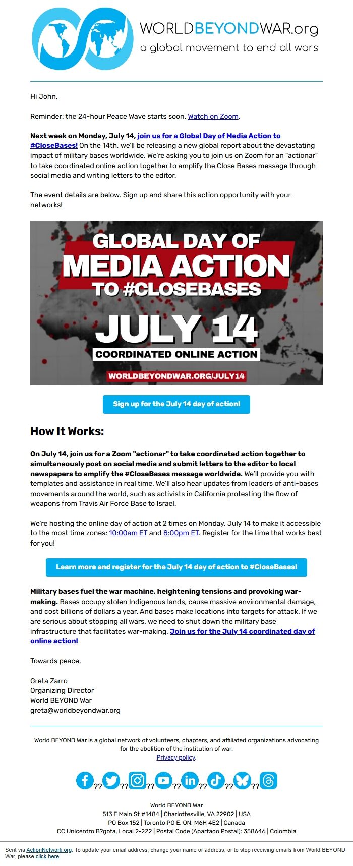 Screenshot of the email generated on import